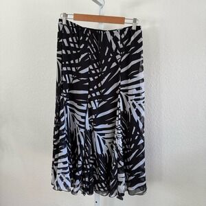 Ruby Rd Skirt Petite 10P Black White Leaf Print Midi Lined Flowy Fairycore